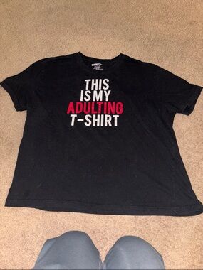 Chemistry Black Tee with White and Red 'This Is My Adulting T-Shirt' Text